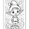 A cartoon-style elf character with pointed ears, wearing a festive hat and outfit, stands confidently amidst swirling patterns and bubbles, designed for coloring.