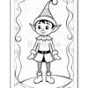 A cartoon-style elf with a pointy hat, smiling and standing on a small platform, surrounded by decorative swirls. The elf has large ears, short sleeves, and striped leggings. The image is outlined for coloring.