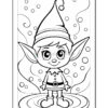 A coloring page featuring a cheerful cartoon elf with pointy ears and a tall, pointed hat, standing on a circular surface amidst swirling lines and bubbles.