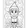 A black and white illustration of a cheerful elf with big eyes and pointy ears, wearing a pointed hat and a collared outfit, standing on a decorative base with swirling patterns and shapes in the background.