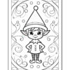 A black-and-white coloring page featuring a cheerful cartoon elf with pointy ears, wearing a tall pointed hat and a buttoned outfit, standing with hands on hips against a decorative backdrop of swirling patterns and circles.