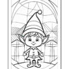A black and white line drawing of a cheerful elf with pointed ears and a hat, standing in front of gift boxes, surrounded by geometric shapes resembling a festive background.