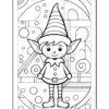 A black and white illustration of a cheerful elf with pointed ears and a striped hat, standing in front of a whimsical background featuring circles and geometric shapes.