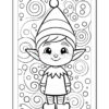 A black and white line drawing of a cheerful elf wearing a striped hat and shirt, standing against a backdrop of swirling circles.