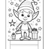 A black and white coloring page featuring a smiling elf standing on a table with presents and surrounded by stars.