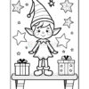 A black and white coloring page featuring a cheerful elf wearing a pointed hat, standing on a shelf surrounded by stars and two gift boxes, ready for coloring.