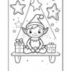 A line art illustration of a smiling elf sitting on a bench with two wrapped presents, surrounded by stars and a Christmas tree in the background, designed for coloring activities.