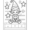A black and white coloring page featuring a cheerful elf sitting on a shelf with stars in the background.