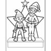 A black and white coloring page featuring two cartoon elves sitting on a bench, with one elf wearing a pointed hat and the other wearing a festive outfit, both smiling in front of a star-shaped backdrop.