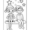 A black and white coloring page featuring two cartoon elves sitting on a bench, surrounded by stars. The elf on the left has a cheerful expression and holds a cup, while the elf on the right smiles and wears a buttoned outfit. Both elves have pointed ears and wear festive hats.