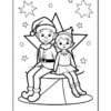 A black and white outline drawing featuring two cheerful cartoon elves, a boy and a girl, sitting together on a large star, surrounded by smaller stars in the background.