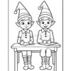 Two cheerful elves with pointy hats sitting at a table, holding books and writing instruments, ready to color, on a coloring sheet.