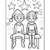 Two cartoon elves sitting on a bench surrounded by stars, outlined for coloring.
