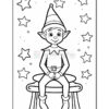 A black and white coloring page featuring a cheerful elf sitting on a stool surrounded by stars.