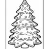 Black and white outline of a decorated Christmas tree with ornaments, designed for coloring.