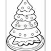 A black and white outline drawing of a Christmas tree with layered branches, decorated with circular ornaments, placed on a round base.