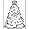 A black and white outline illustration of a decorated Christmas tree with a star on top, ornaments, and a circular base, suitable for coloring.