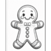 A black and white line drawing of a cheerful gingerbread man, featuring a bow tie, rosy cheeks, and icing decorations along the edges.