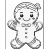 A black and white outline illustration of a gingerbread person with a smiling face, wearing a bow tie and decorated with icing details on the arms and legs, ready for coloring.