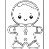 A line art illustration of a cheerful gingerbread man with a bow tie and decorative icing patterns, ready for coloring.