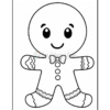 A black and white outline of a smiling gingerbread man with button details, a bow tie, and decorative icing patterns, suitable for coloring.