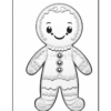 A black and white line drawing of a smiling gingerbread man, featuring decorative icing details and buttons, suitable for coloring.