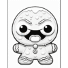 A cartoonish gingerbread character with a playful expression, featuring round eyes, a large mouth, and various icing decorations, outlined in black and ready for coloring.