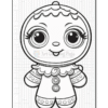 A black and white outline illustration of a cartoon character resembling a gingerbread person, featuring large eyes, a smile, and wearing a decorative outfit with buttons and scalloped edges, set against a simple lined background.