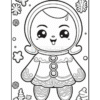 A cute cartoon character wearing a festive outfit with a hood and smiling, surrounded by snowflakes and trees, presented as a black and white coloring page.