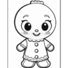 A black and white outline of a cute cartoon character wearing a dress with buttons, smiling cheerfully and standing with arms at the sides, suitable for coloring activities.
