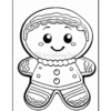A black and white line drawing of a smiling gingerbread man, featuring decorative icing details on its body and wearing a scarf, suitable for coloring.