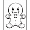 A black and white outline illustration of a smiling gingerbread man wearing a bow tie and decorative icing patterns, suitable for coloring.