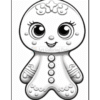 A cute, cartoon-style gingerbread character with large eyes and a smiling expression, featuring decorative icing patterns and buttons, set against a blank background suitable for coloring.
