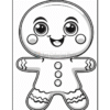 A black-and-white outline of a smiling gingerbread man character, featuring large eyes, buttons, and decorative icing patterns on its arms and legs, set against a plain background suitable for coloring.