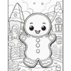 A cute, cartoon-style gingerbread person standing in a whimsical landscape featuring a house, trees, and flowers, designed for coloring.
