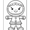 A black and white outline drawing of a gingerbread person with a smiling face, decorated with beads and frosting-like details, ideal for coloring.