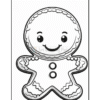 A black and white line drawing of a smiling gingerbread man, featuring decorative icing details and buttons, suitable for coloring.