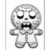A cartoonish gingerbread figure with big eyes and a frown, expressing anger, covered in decorative icing details and set against a simple white background, intended for coloring activities.