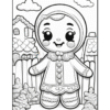 A black and white coloring page featuring a cheerful gingerbread character wearing a decorated outfit, standing in front of a quaint house and a picket fence, with some bushes and clouds in the background.