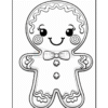 A black and white outline of a gingerbread man, featuring a smiling face, curly hair, buttons, and decorative icing patterns on its body, suitable for coloring.