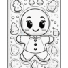 A black and white coloring page featuring a cheerful gingerbread man surrounded by decorated Christmas cookies and festive elements like trees and snowflakes.