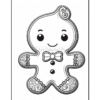 Line art illustration of a smiling gingerbread character with a bow tie, decorated with swirls and patterns on its arms and legs, suitable for coloring.