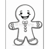 A black and white coloring page featuring a smiling gingerbread man, adorned with a bow tie, buttons, and icing details along the edges.