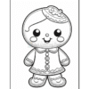 A black and white outline drawing of a cartoonish gingerbread girl character with a big smile, wearing a dress decorated with buttons and ruffles, along with a bow on her head.