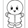 A cute cartoon gingerbread man with a smiling face, round cheeks, and a frilly collar, outlined for coloring.