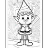 A black and white line drawing of a cheerful elf with pointed ears, wearing a striped shirt, short pants, and a pointed hat, standing on a wavy patterned background.