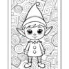 A black and white illustration of a cartoon elf with a pointed hat, standing in front of a decorative background featuring various swirls and geometric shapes.