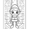 A black-and-white outline drawing of a cheerful elf character with large eyes, pointy ears, and an elf hat, standing on a patterned background with swirls and circles.