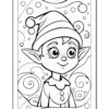 A black and white coloring page featuring a cartoon elf with pointy ears and a whimsical hat, smiling and wearing a dress with buttons, surrounded by swirls and circles.