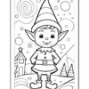 A line-art drawing of a cheerful elf standing with hands on hips, wearing a pointed hat and a belted outfit, surrounded by swirling circles and a simple landscape featuring a house with a star and two trees.